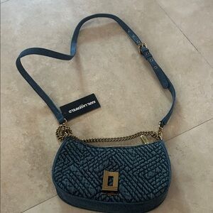 Karl Lagerfeld Denim-Textured Blue Quilted Crossbody with Gold Chain